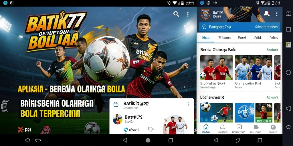 Tampilan antarmuka aplikasi BATIK77 yang menarik dengan akses cepat berita olahraga bola.